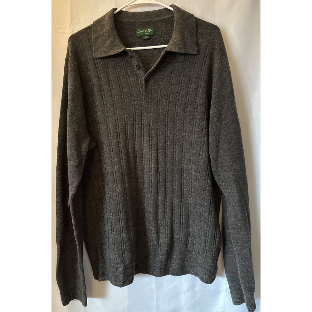 David Taylor Gray 100% Acrylic Collared‎ Rib Sweater Men's LG Pullover L sleeve